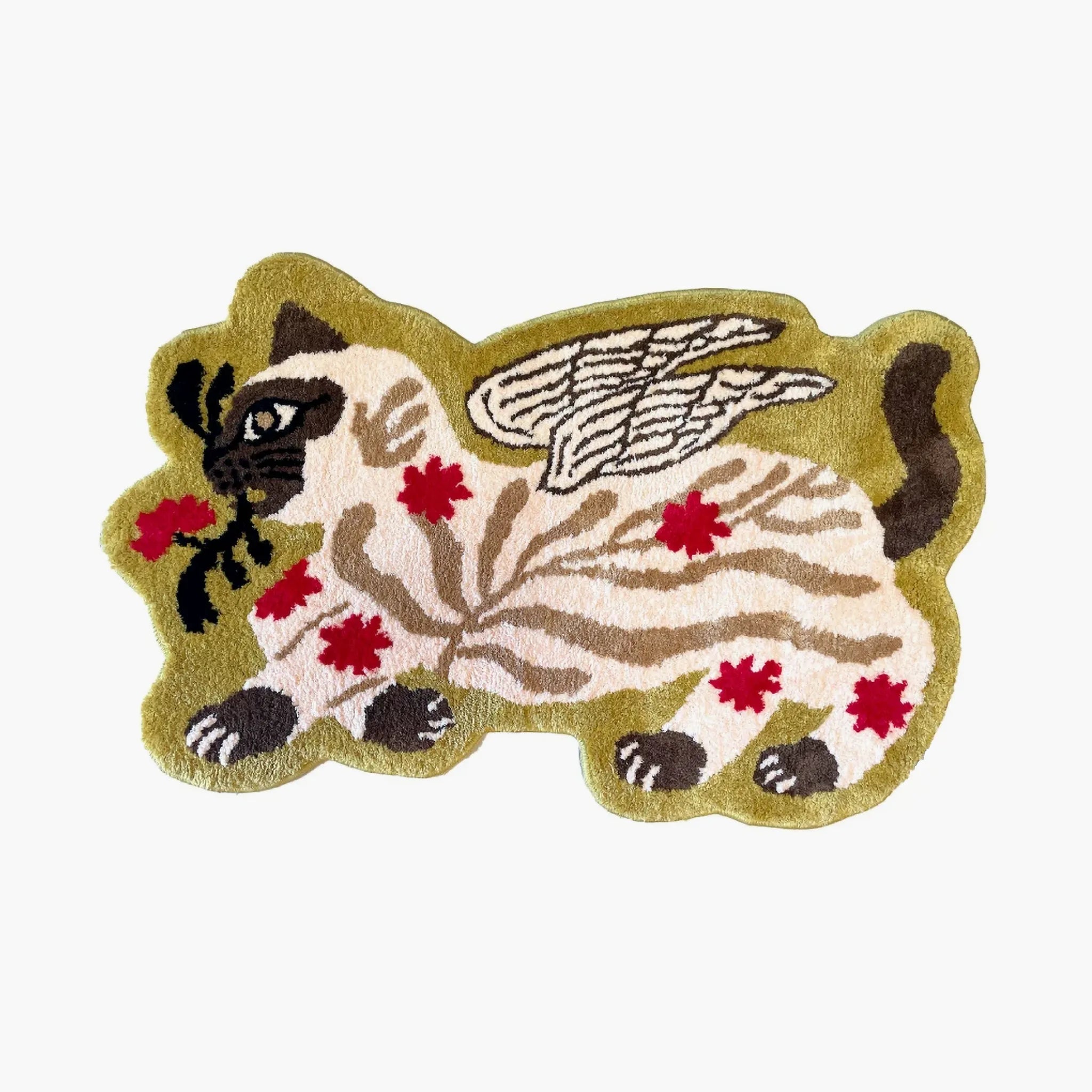 Faye Olive Green Floral Siamese Winged Cat Shaped Tufted Rug