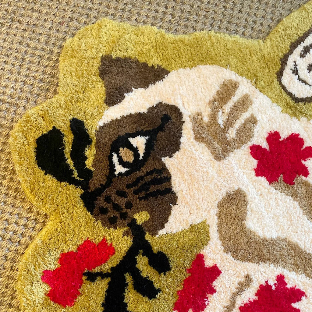 Faye Olive Green Floral Siamese Winged Cat Shaped Tufted Rug
