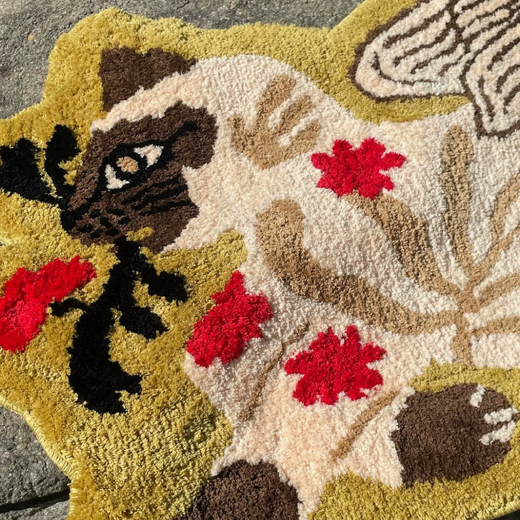 Faye Olive Green Floral Siamese Winged Cat Shaped Tufted Rug