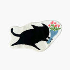 Floral Black Cat Shaped Designer Tufted Rug by Housenfriends on a white background