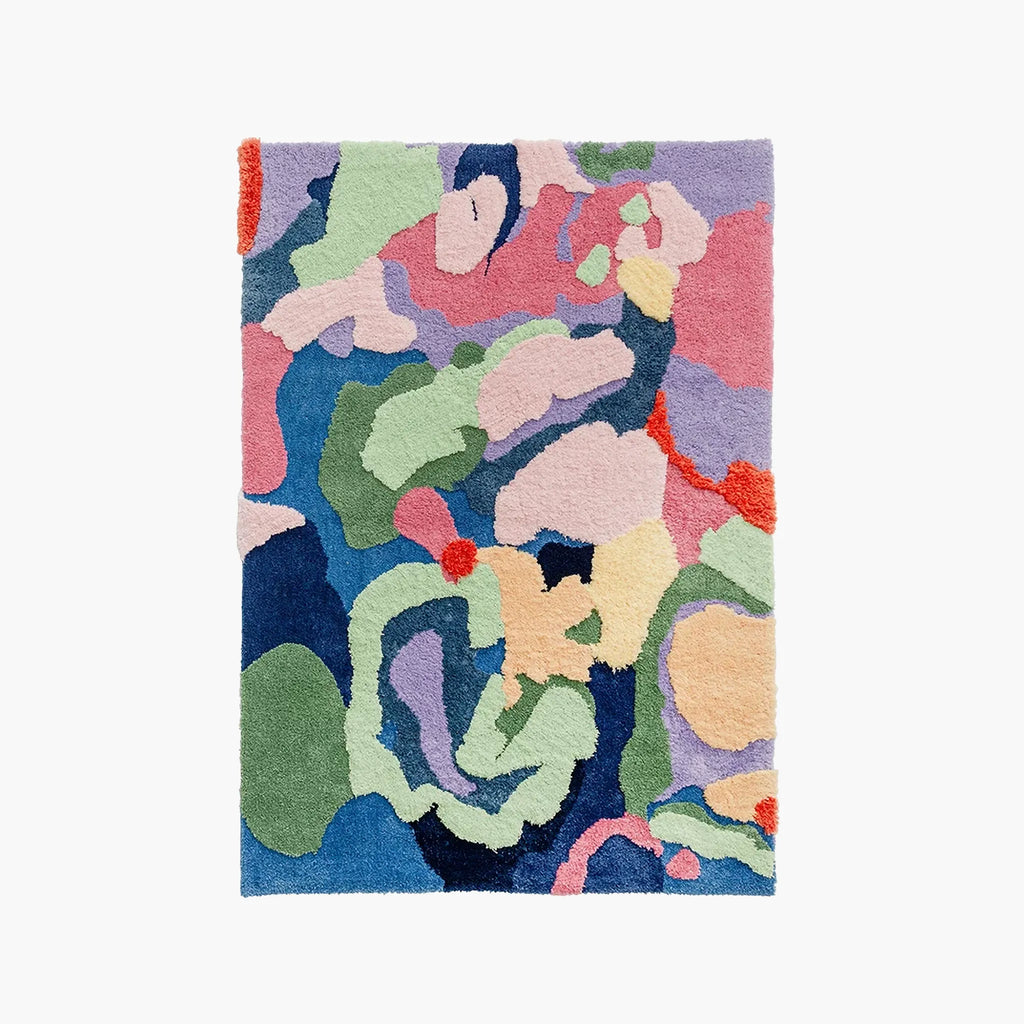 Freya Multicolour Moss Green Abstract Floral High Low Tufted Rug by Housenfriends, an artistic colourful floral rug with moss green and pink colour blocks.