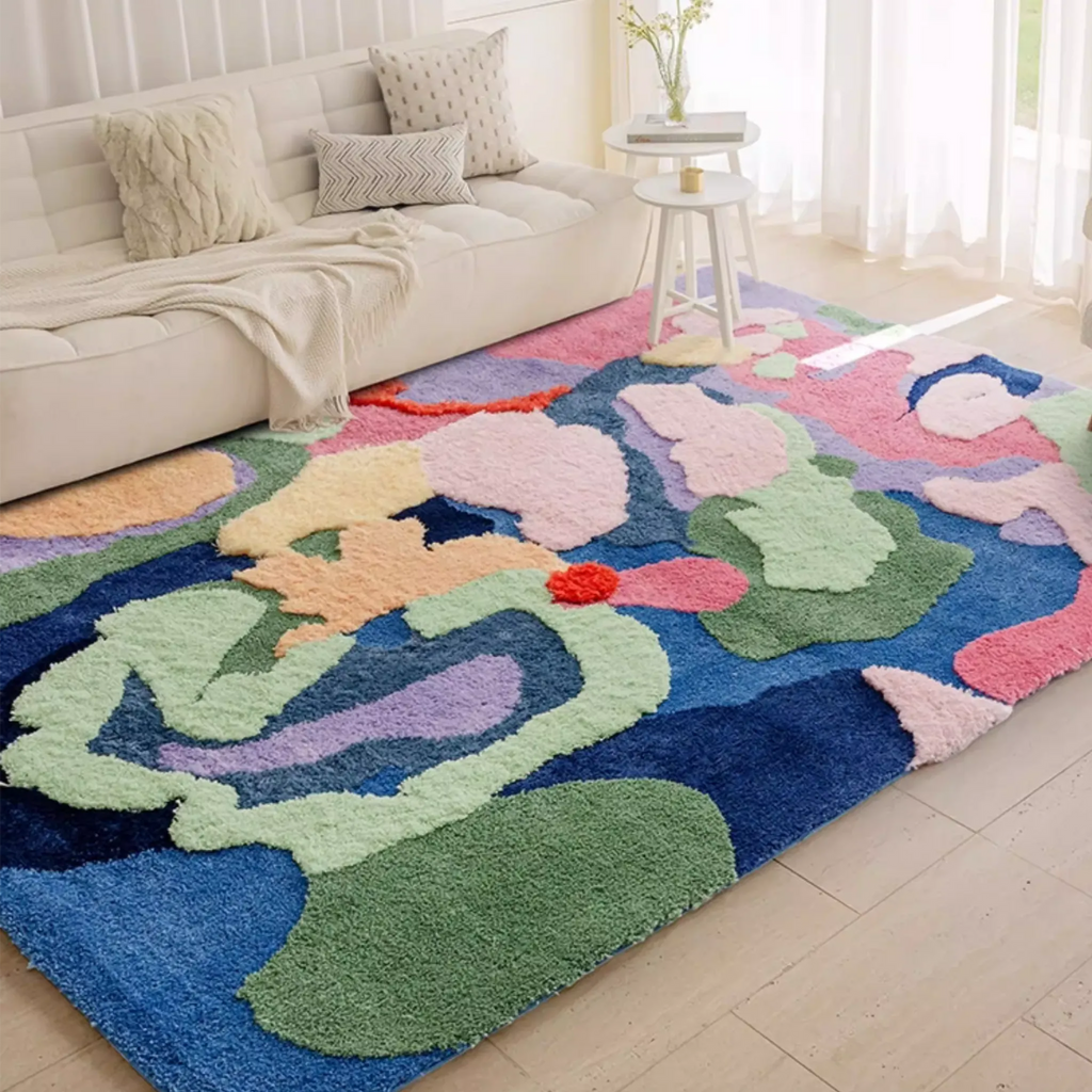 Freya Multicolour Moss Green Abstract Floral High Low Tufted Rug by Housenfriends in a bright living room, a colourful abstract floral rug with sculpted high low texture.