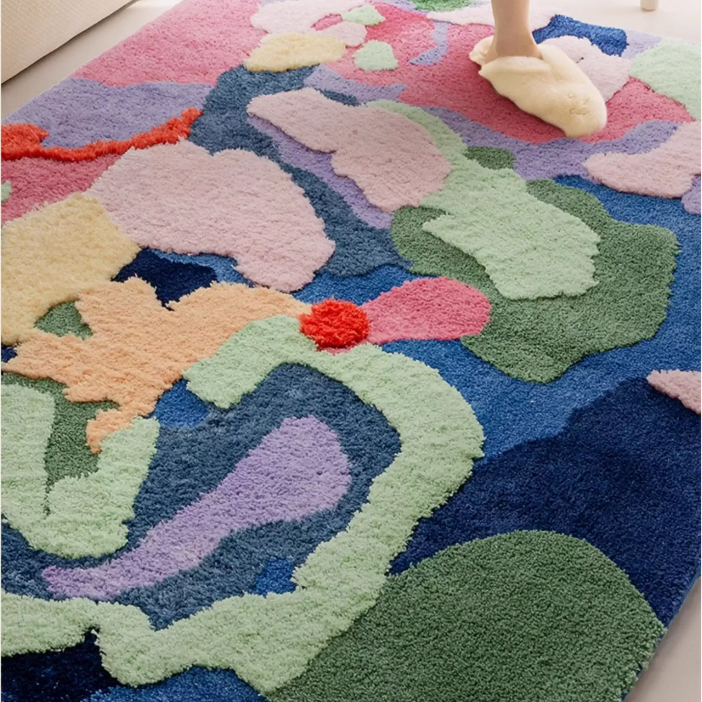 Freya Multicolour Moss Green Abstract Floral High Low Tufted Rug by Housenfriends, showing carved high low texture and painterly colour blocks underfoot.