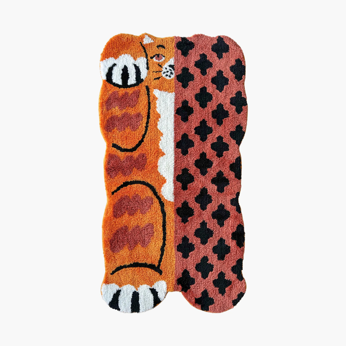 Hide & Seek Orange Whimsical Patchwork Big Cat Shaped Tufted Rug on a white background, by Housenfriends