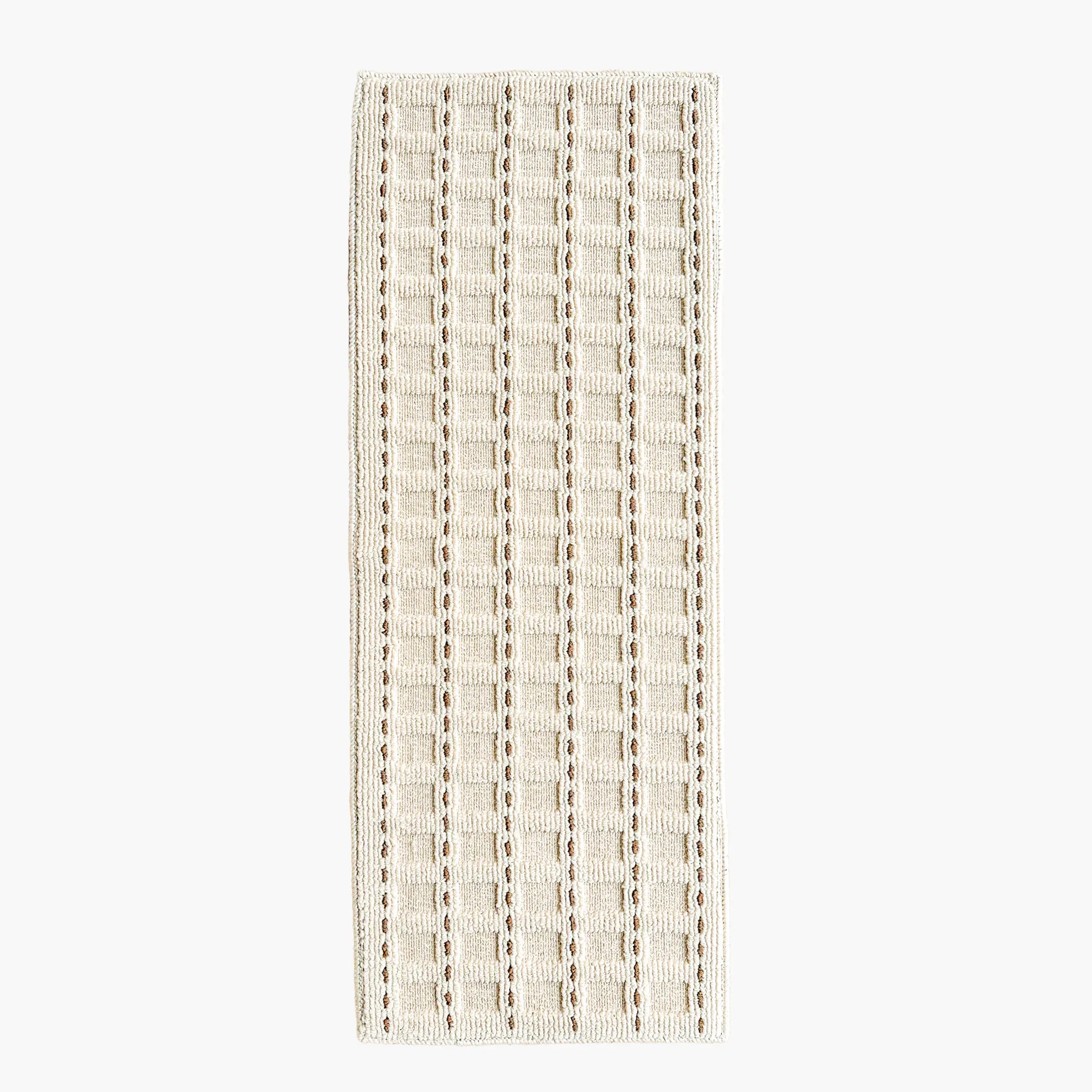 Housenfriends Ivo cream and mocha grid high-low textured rug, full flat lay runner view