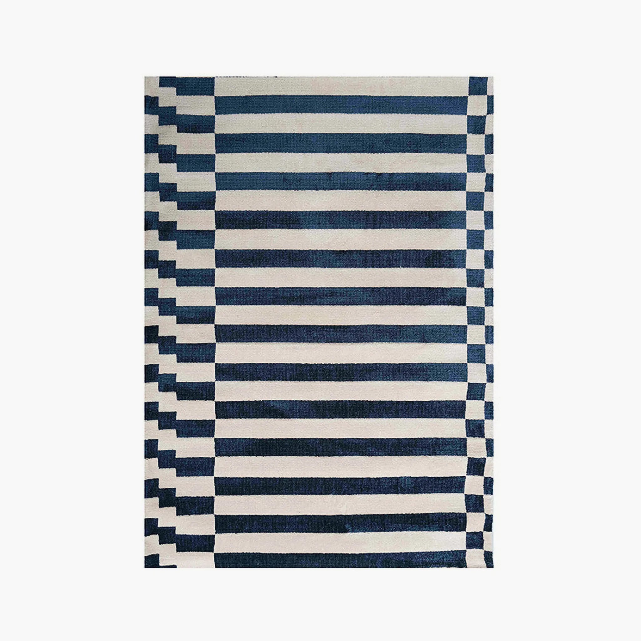 Julian Blue & White Offset Striped Modern Rug by Housenfriends on a white background