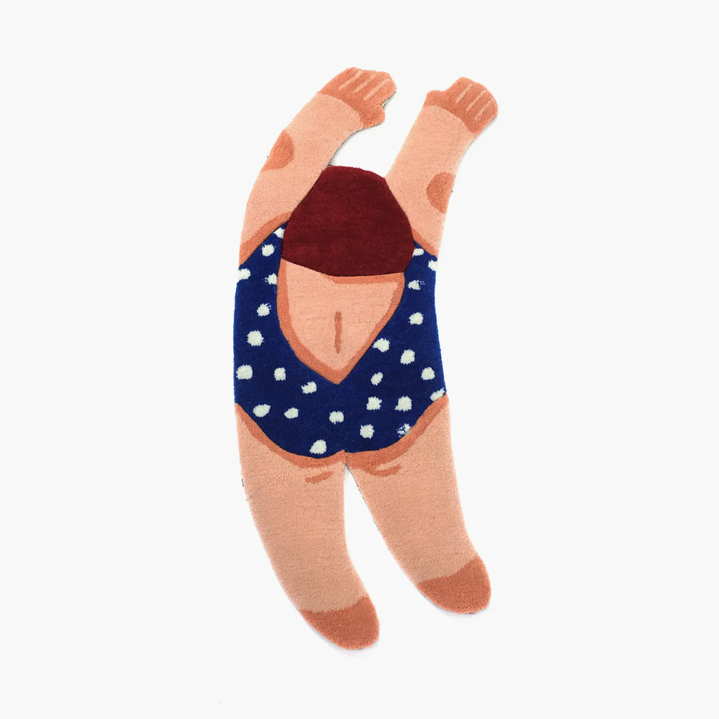 June Navy Polka Dot Swimsuit Swimming Girl Artistic Graphic Body Art Tufted Rug by Housenfriends on a white background.