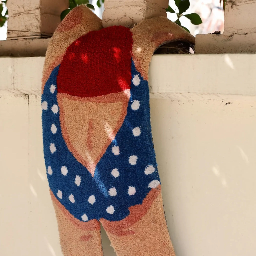 June Navy Polka Dot Swimsuit Swimming Girl Artistic Graphic Body Art Tufted Rug by Housenfriends close up, blue swimsuit graphic rug with red cap and soft tufted pile