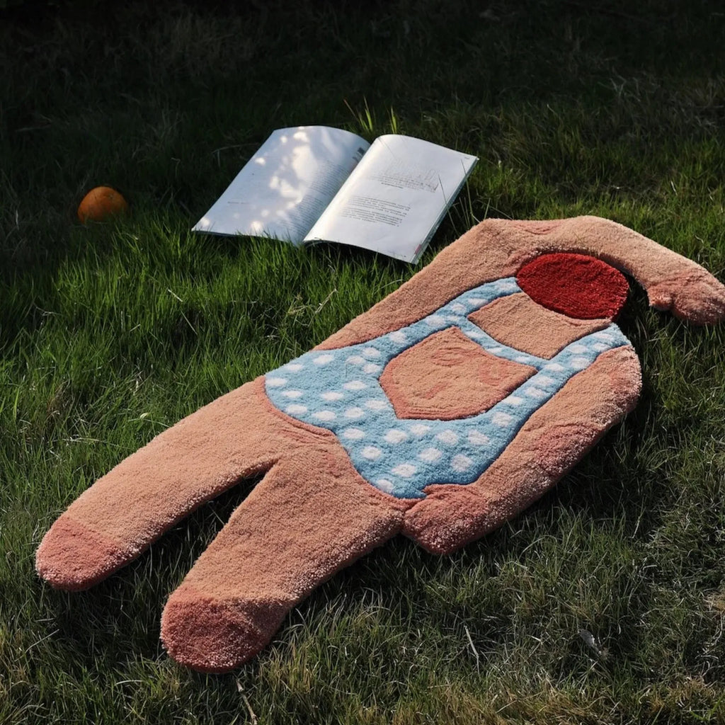 June Pale Blue Polka Dot Swimsuit Swimming Girl Artistic Graphic Body Art Tufted Rug by Housenfriends on grass, soft shaped graphic rug with red swim cap and blue swimsuit