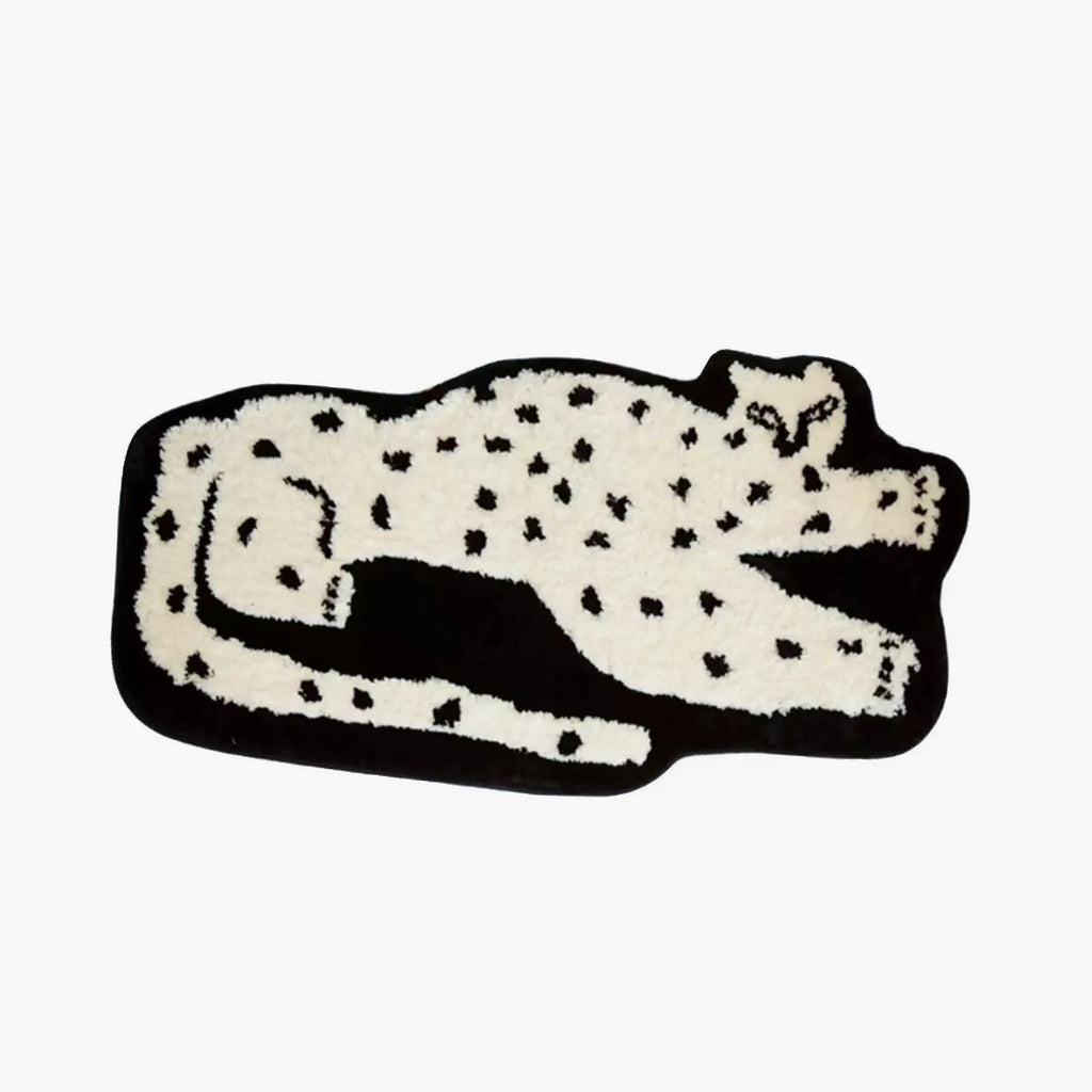 Layla Black Base White Leopard Shaped Tufted Rug by Housenfriends on a white background