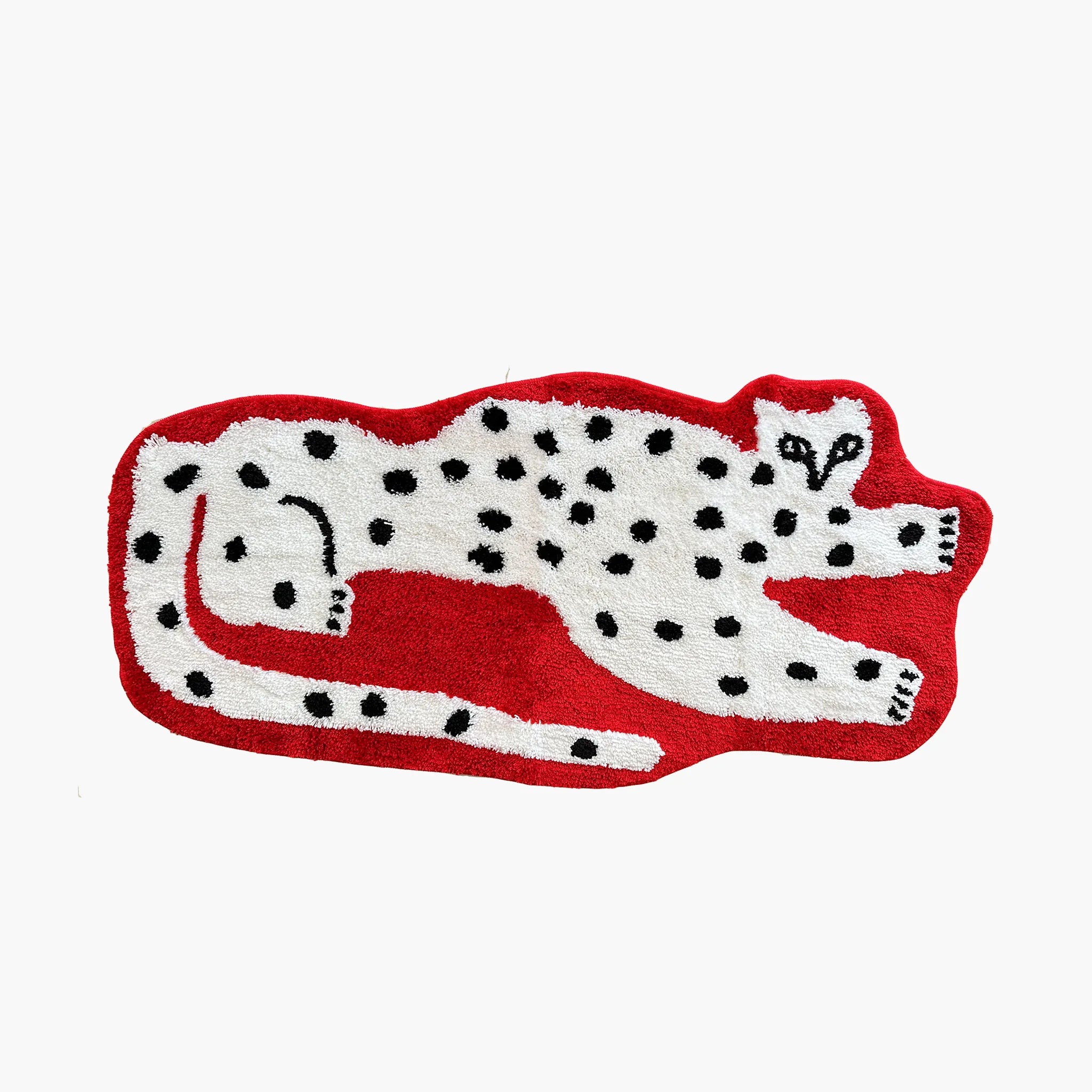 Layla Red Base White Leopard Shaped Tufted Rug by Housenfriends on a red background