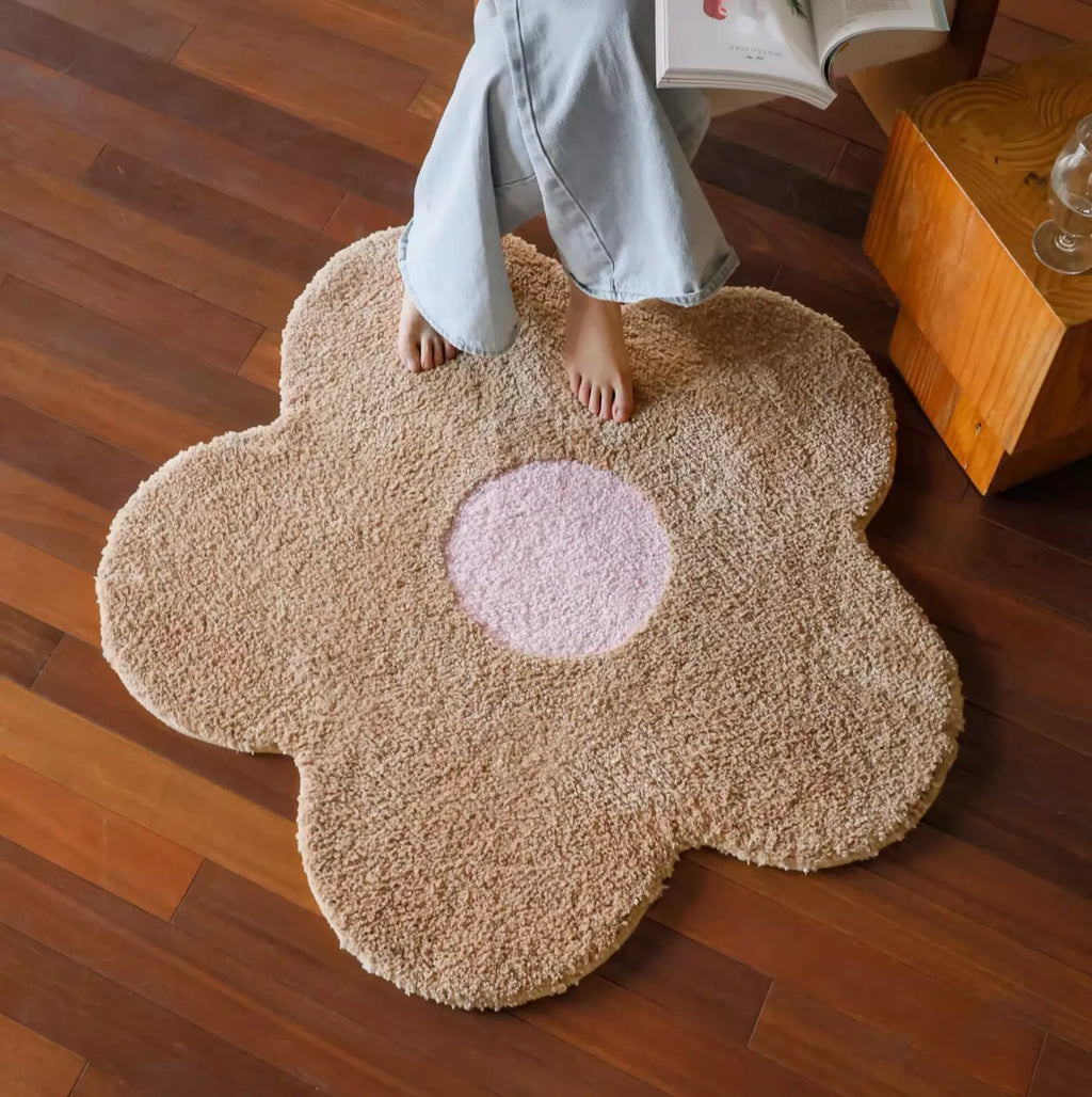 Maisie Beige & Blush Pink Floral Shaped Tufted Rug in a cosy corner, flower shaped small rug from Housenfriends