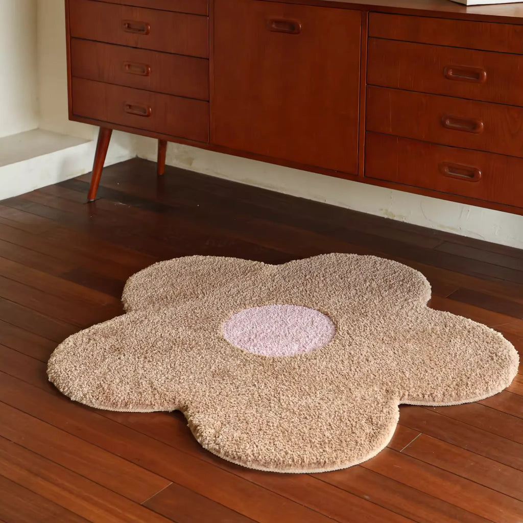 Maisie Beige & Blush Pink Floral Shaped Tufted Rug in a calm room setting, daisy rug look from Housenfriends