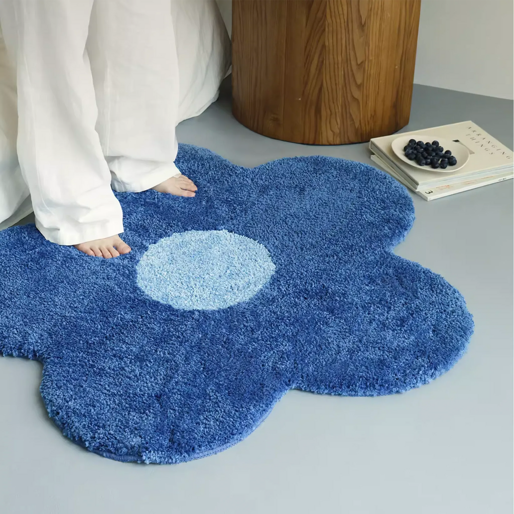 Maisie Blue & Pale Blue Floral Shaped Tufted Rug by Housenfriends, daisy rug style small rug with dense tufted pile in a bedroom corner
