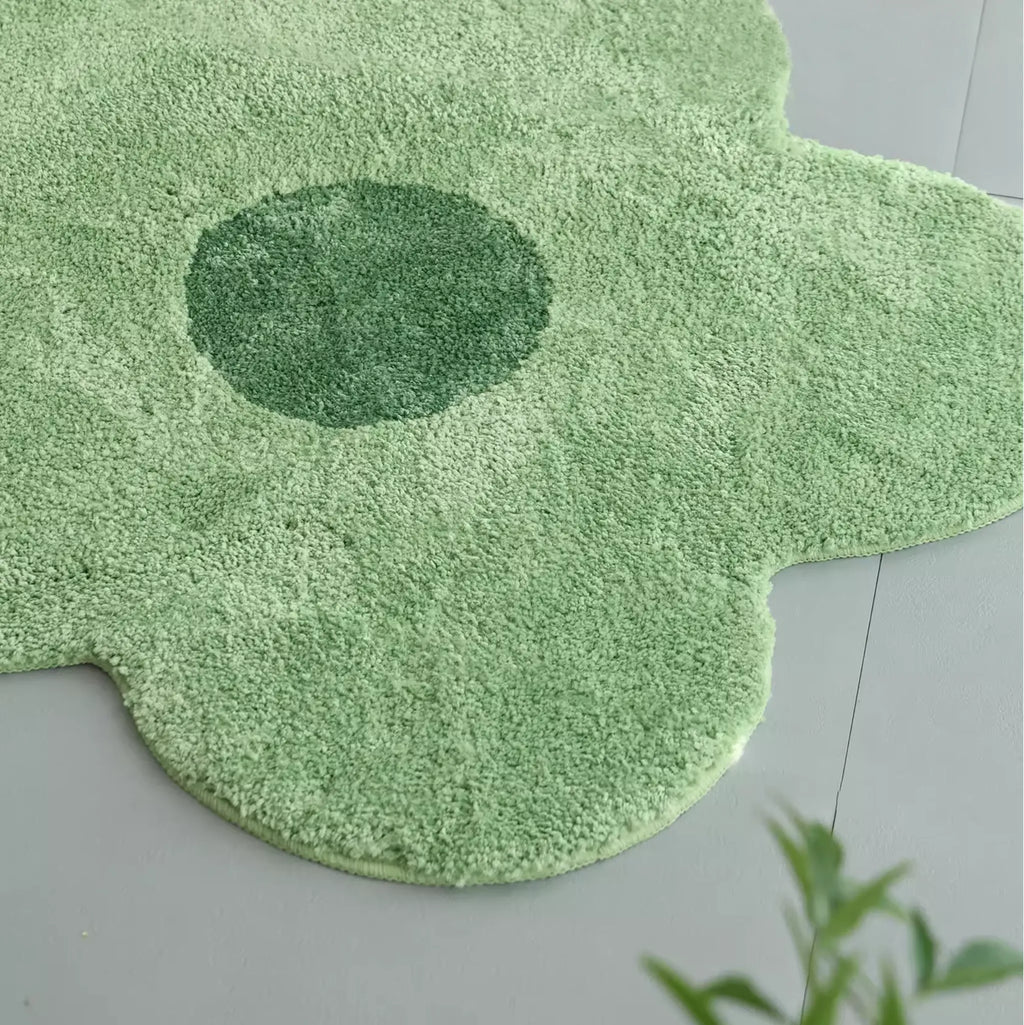 Maisie Sage Green & Forest Green Floral Shaped Tufted Rug flat lay, daisy shaped small rug from Housenfriends