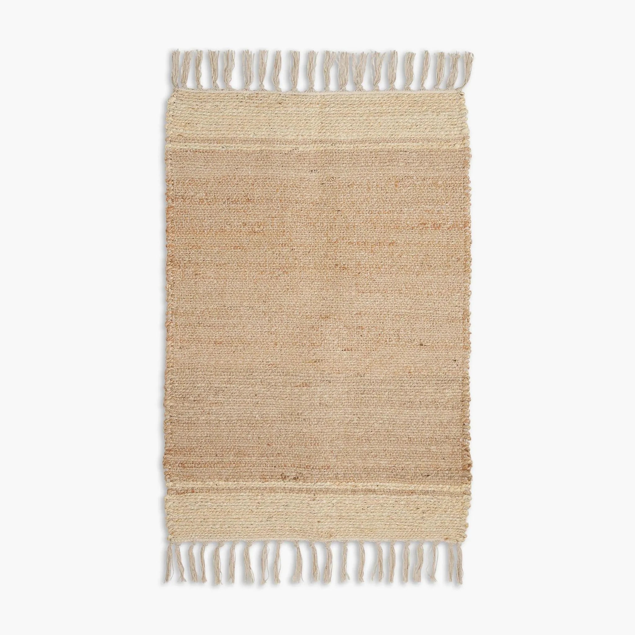 Maren Natural & Beige Fringed Handwoven Jute Rug on a light beige background