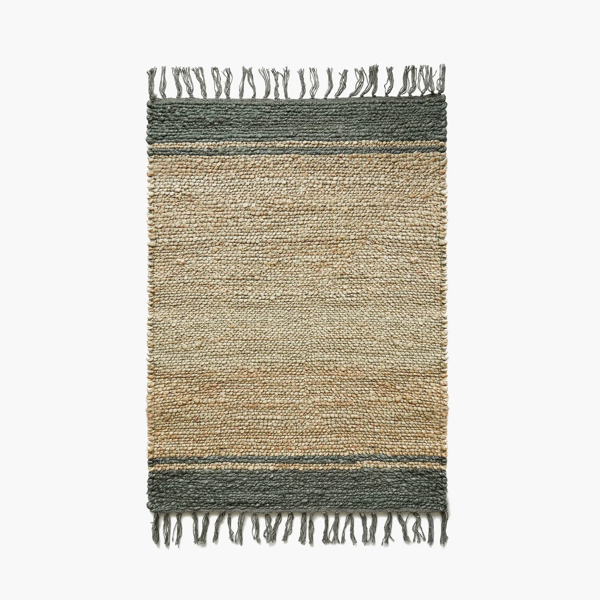 Maren Natural & Olive Fringed Handwoven Jute Rug on a white background