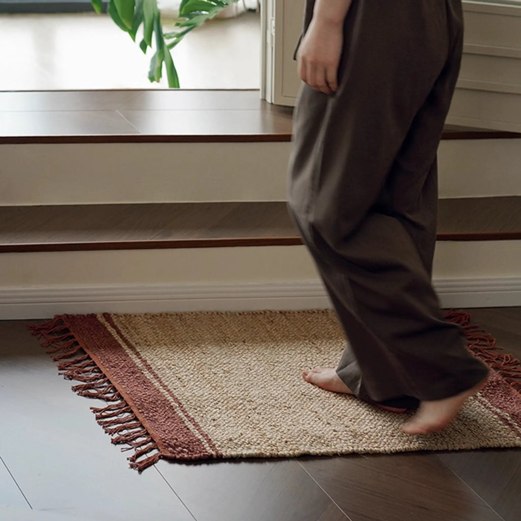 Maren Natural & Warm Brown Fringed Handwoven Jute Rug by Housenfriends, 60x90 hallway or bedside styling