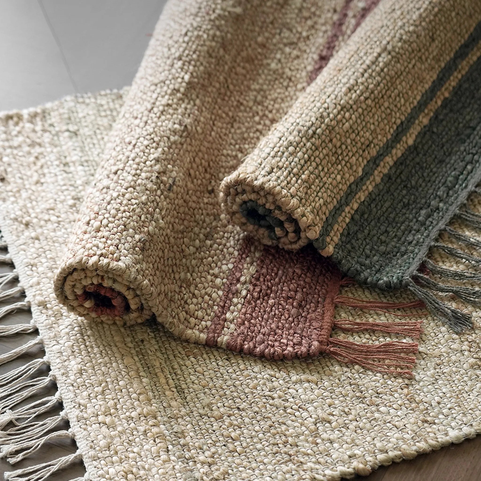 Maren handwoven jute rug collection by Housenfriends, terracotta moss oat colour options and texture details
