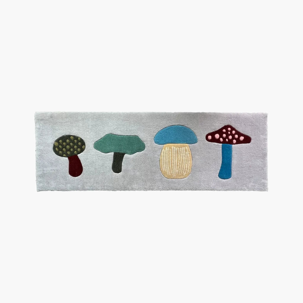 Marnie Grey Quirky Mushroom Motif Tufted Runner Rug by Housenfriends on a white background