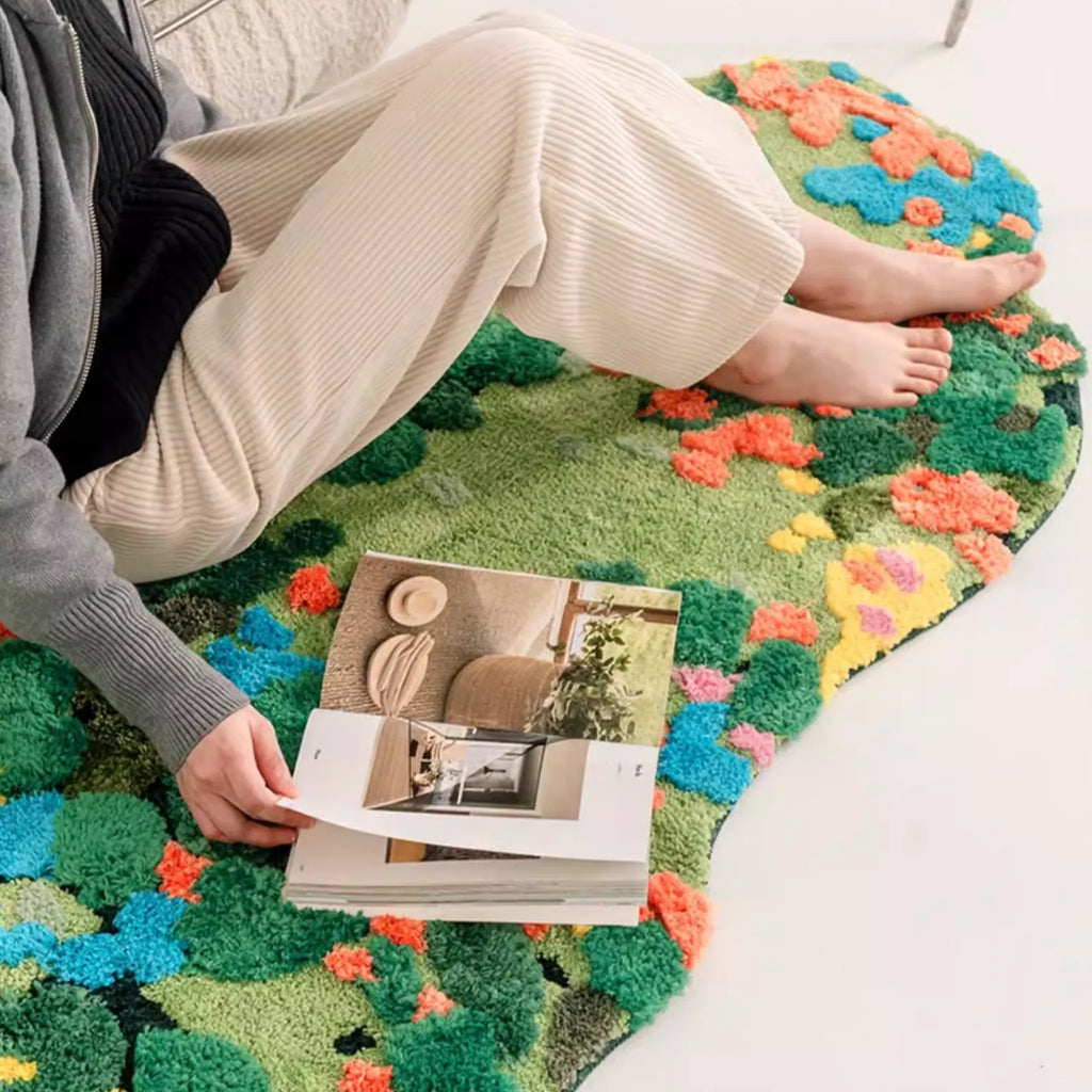 Merryn Green Moss Garden High Low Tufted Rug by Housenfriends, styled as a soft cottagecore reading corner rug with raised moss garden texture.