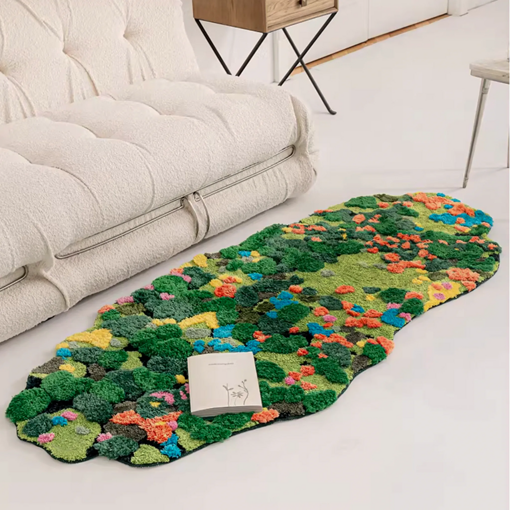Merryn Green Moss Garden High Low Tufted Rug by Housenfriends beside a beige sofa, a moss green cottagecore rug with colourful garden texture.