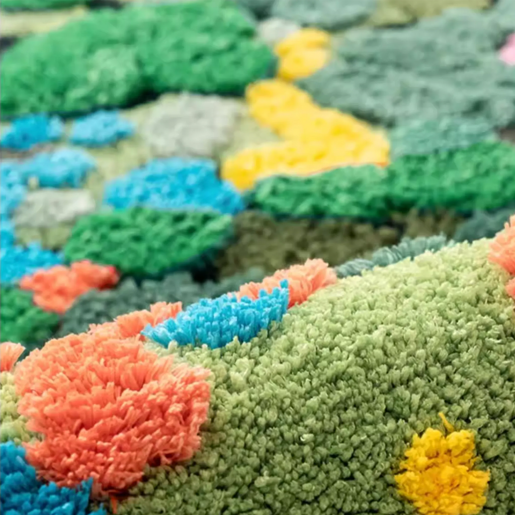 Close-up of Merryn Green Moss Garden High Low Tufted Rug by Housenfriends, with moss green raised pile and colourful cottagecore garden details.
