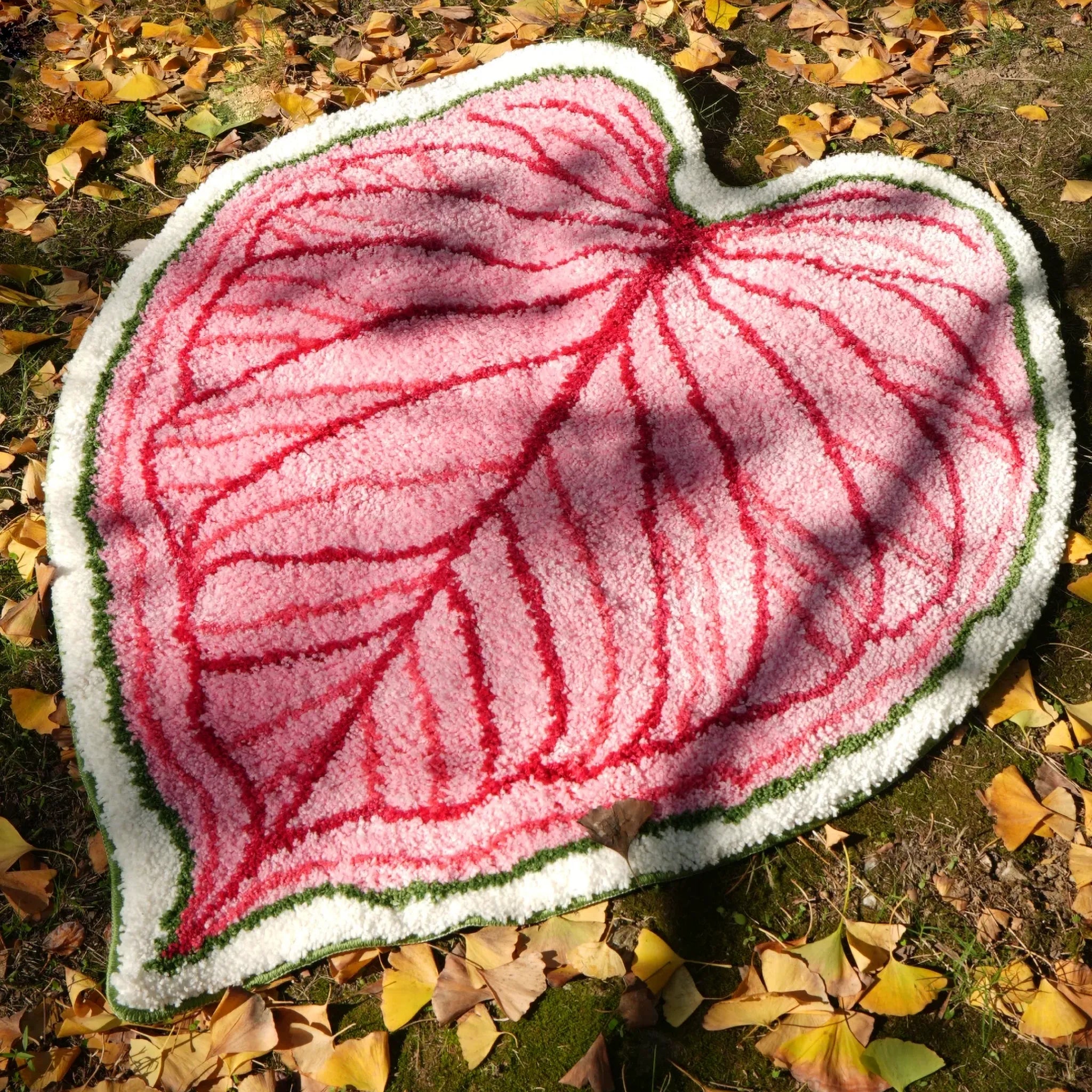 Mina pink heart leaf shaped rug outdoors on fallen leaves, botanical tufted rug with raised red veins and green white edge by Housenfriends