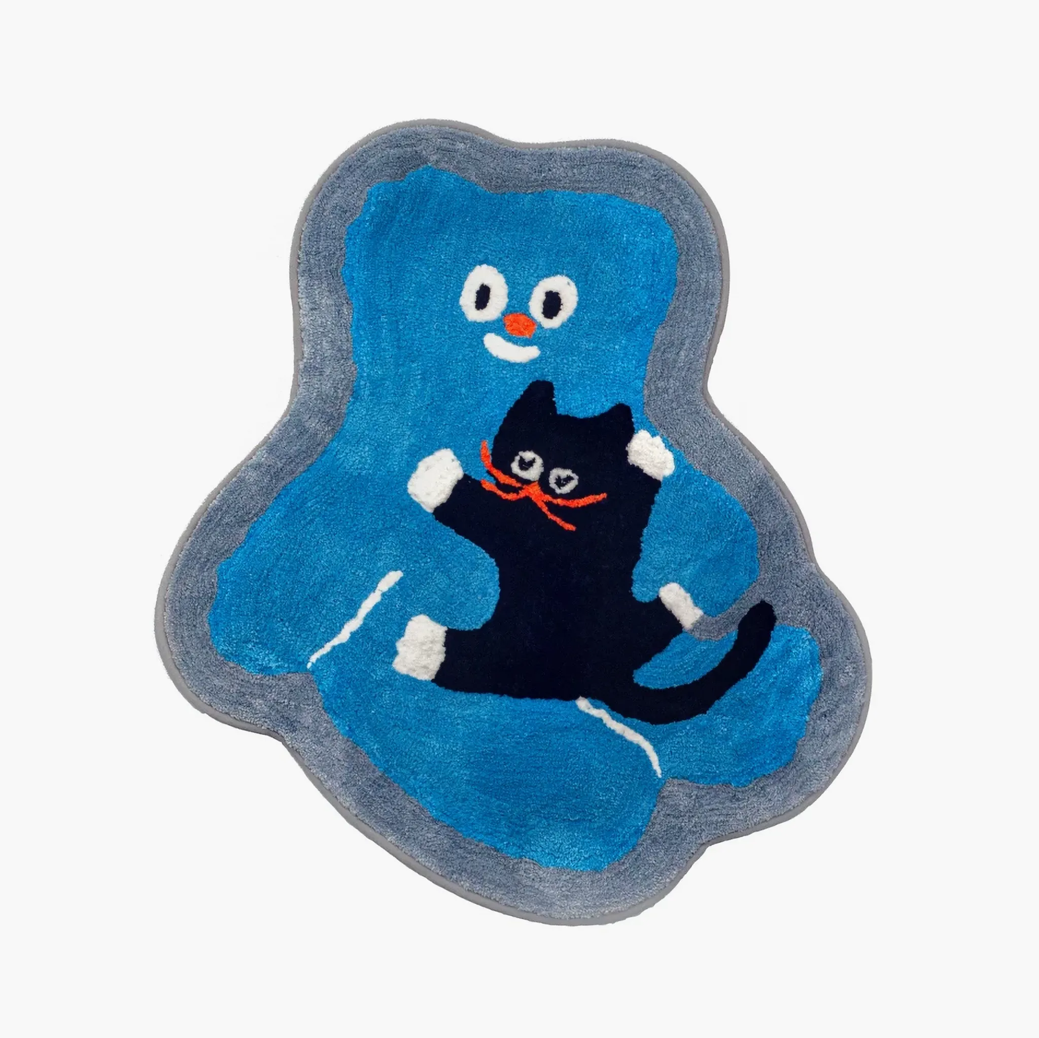 Otto Blue Bear and Black Cat Cuddling Whimsical Tufted Rug by Housenfriends on a white background