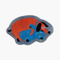 Otto Orange Dog and Blue Cat Cuddling Whimsical Tufted Rug by Housenfriends on the white background