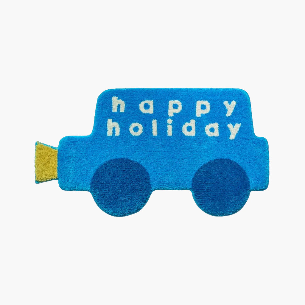 Pip Blue Happy Holiday Graphic Car Shaped Tufted Rug by Housenfriends on a white background