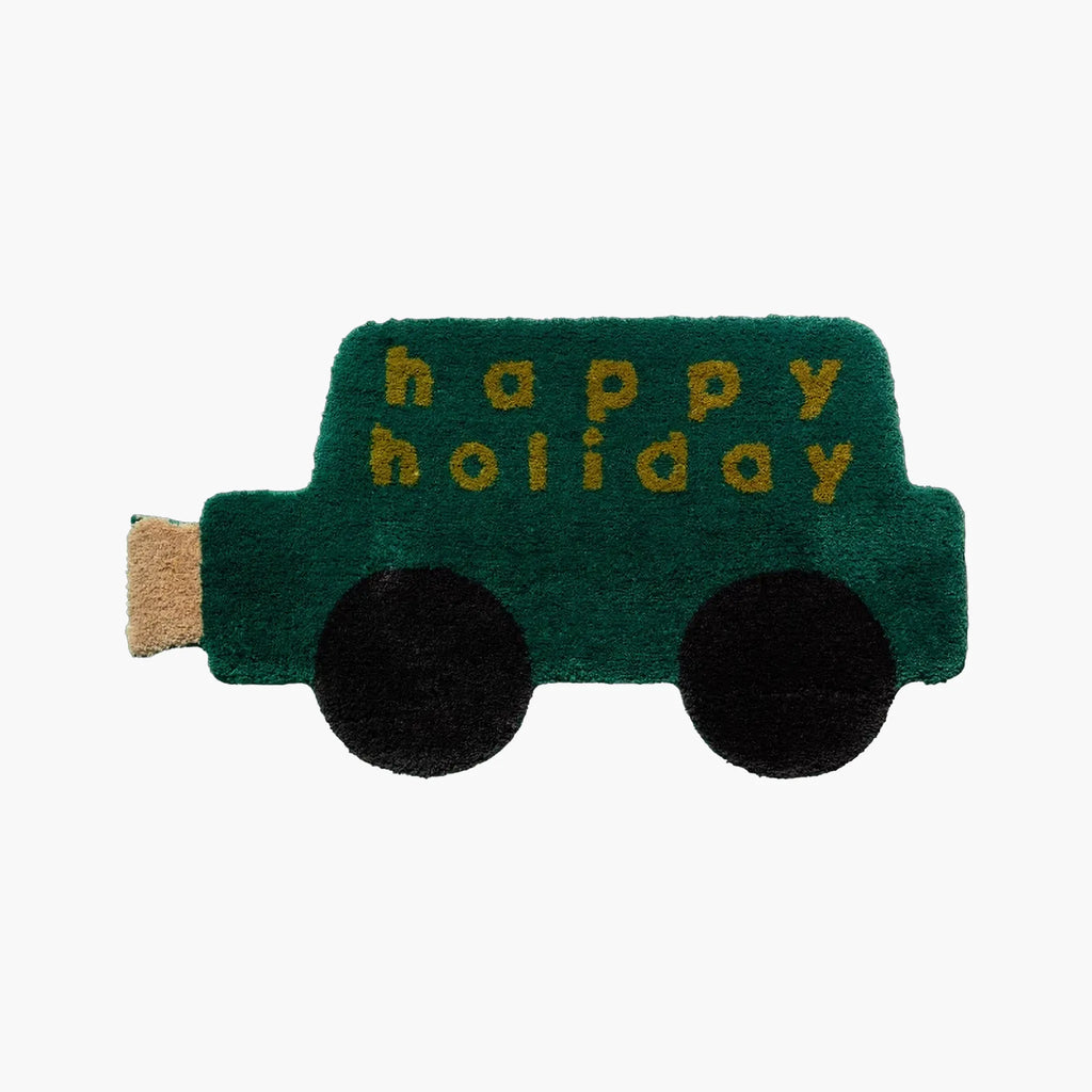 Pip Green Happy Holiday Graphic Car Shaped Tufted Rug by Housenfriends on a white background