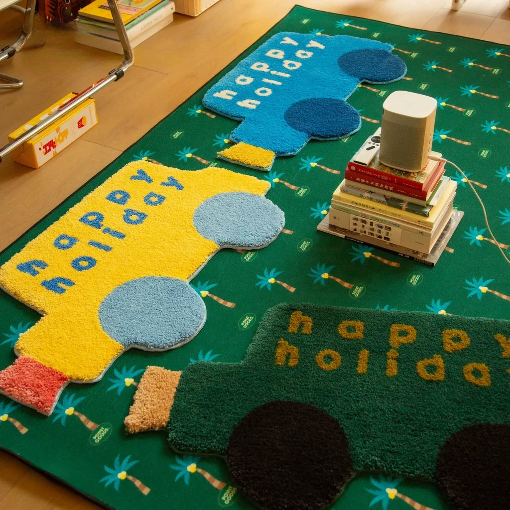 Pip Happy Holiday Graphic Car Shaped Tufted Rugs by Housenfriends in yellow, blue and forest green, playful word art rugs for bedrooms and creative corners