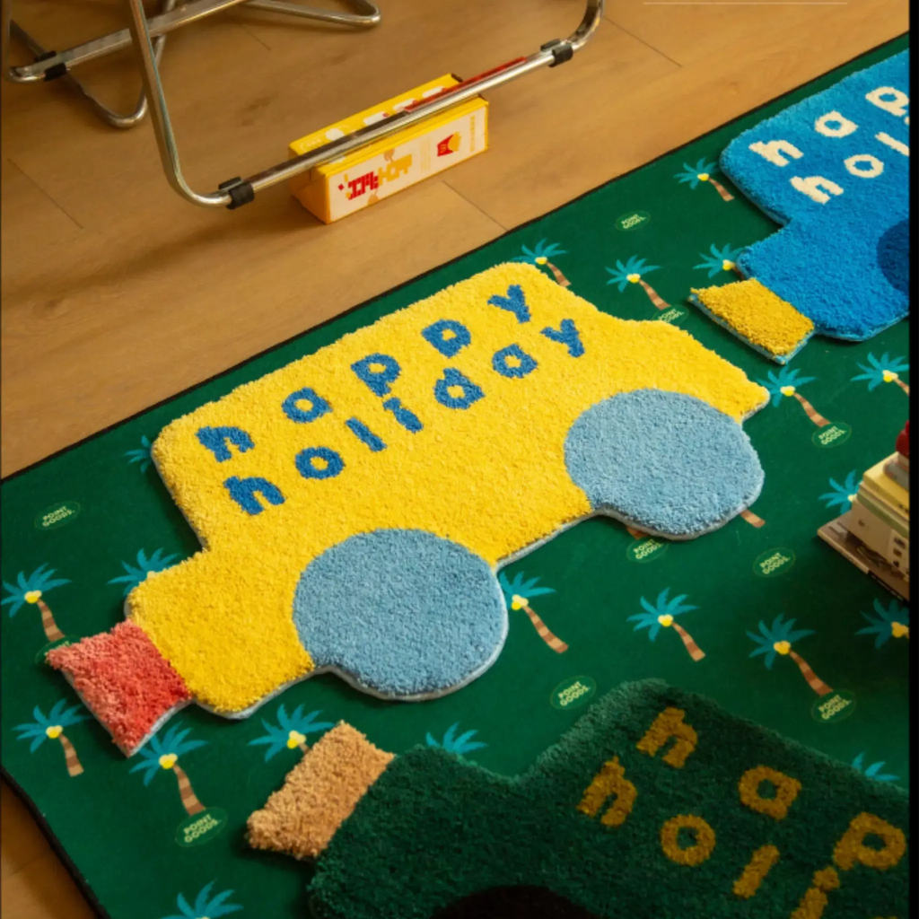 Pip Yellow & Blue Happy Holiday Graphic Car Shaped Tufted Rug by Housenfriends with forest green car rug, playful graphic word art rugs for small rooms and corners