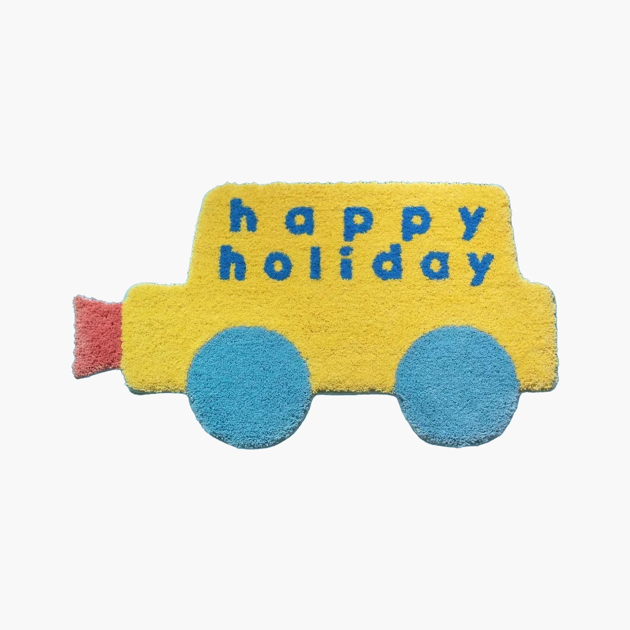 Pip Yellow Happy Holiday Graphic Car Shaped Tufted Rug by Housenfriends on a white background