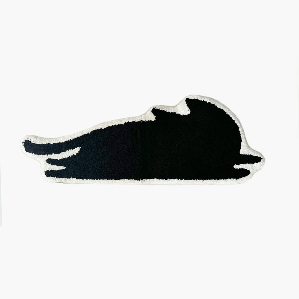 Playful Black Jumping Cat Shaped Designer Tufted Rug by Housenfriends on a white background