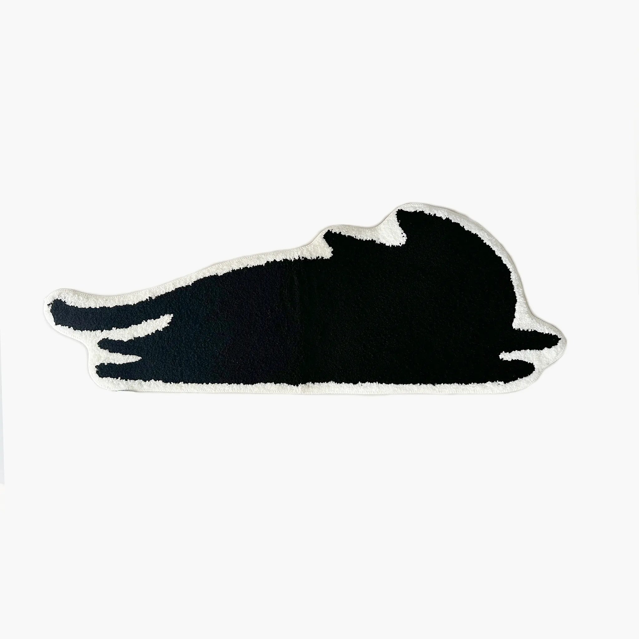 Playful Black Jumping Cat Shaped Designer Tufted Rug by Housenfriends on a white background