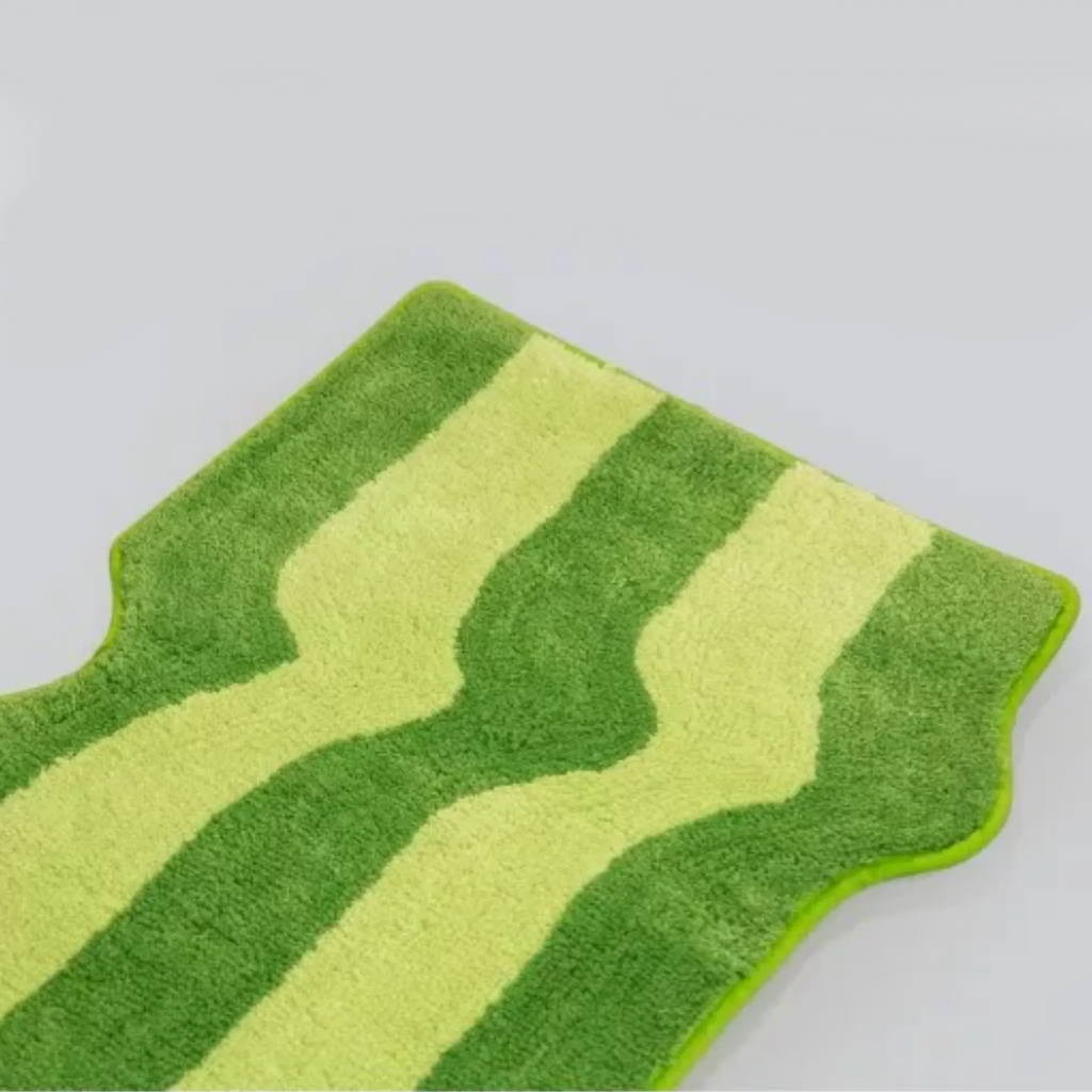 Rafi Green & Lime Wavy Striped Tufted Runner Rug with green stitched edge, lime green stripes and wavy runner shape by Housenfriends