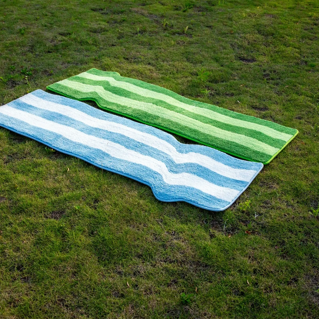 Rafi green and lime wavy striped tufted runner rug on grass with pastel blue striped runner, colourful wavy runner rugs by Housenfriends