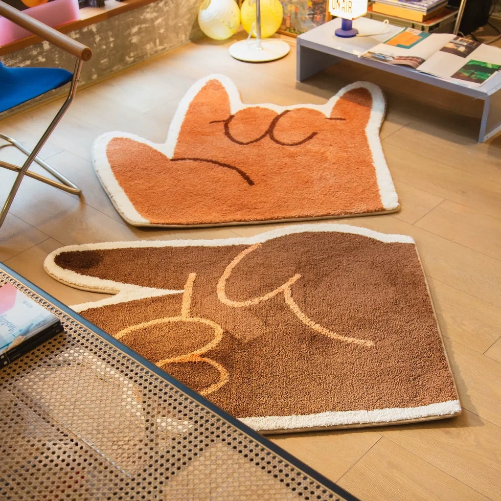 Rumi Orange Quirky Graphic Love Hand Sign Shaped Tufted Rug