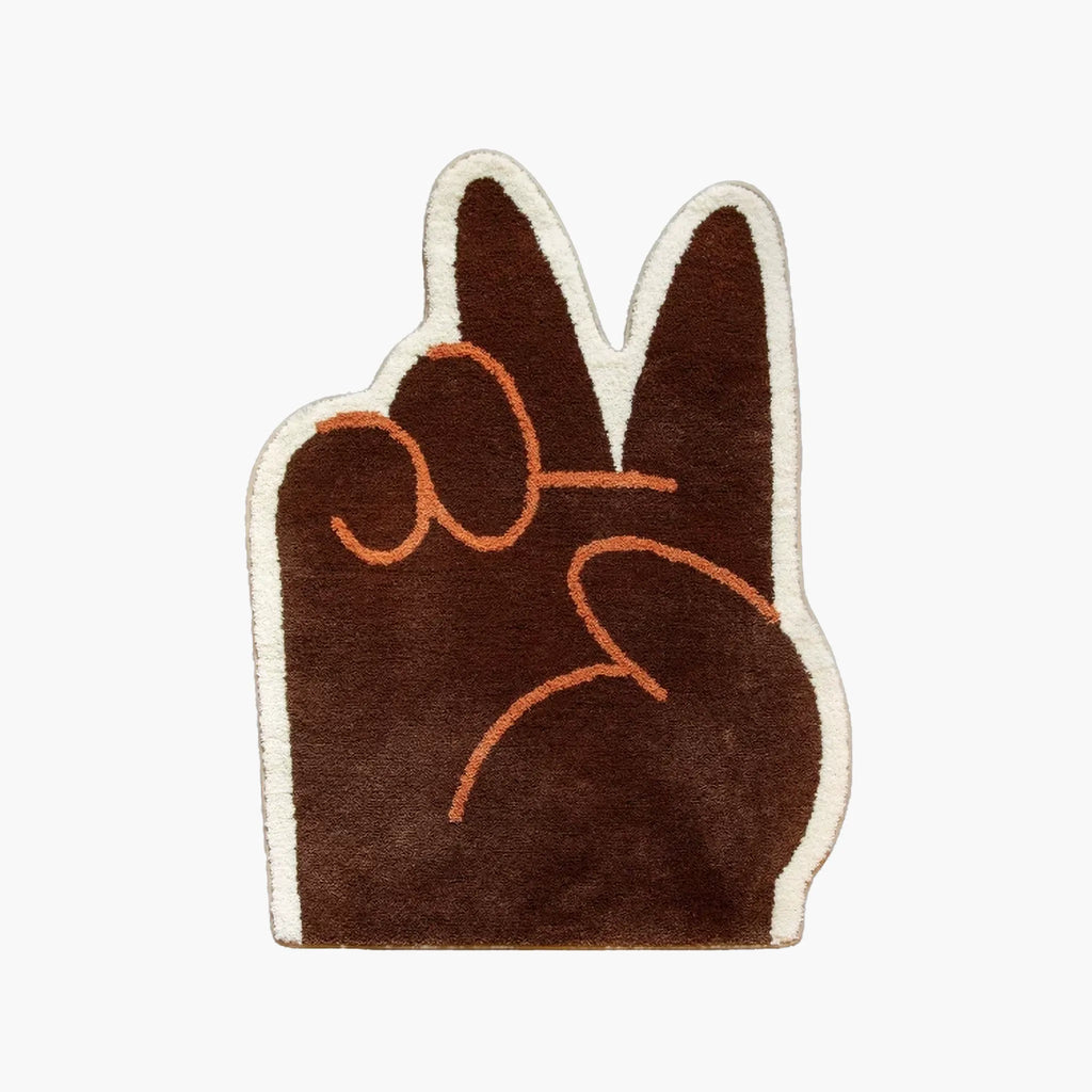 Rumi Brown Quirky Graphic Peace Sign Hand Shaped Tufted Rug by Housenfriends on a white background