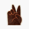 Rumi Brown Quirky Graphic Peace Sign Hand Shaped Tufted Rug by Housenfriends on a white background