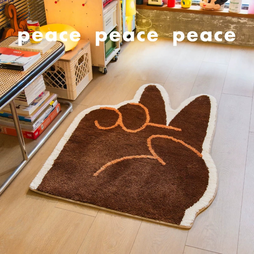 Rumi Brown Quirky Graphic Peace Sign Hand Shaped Tufted Rug