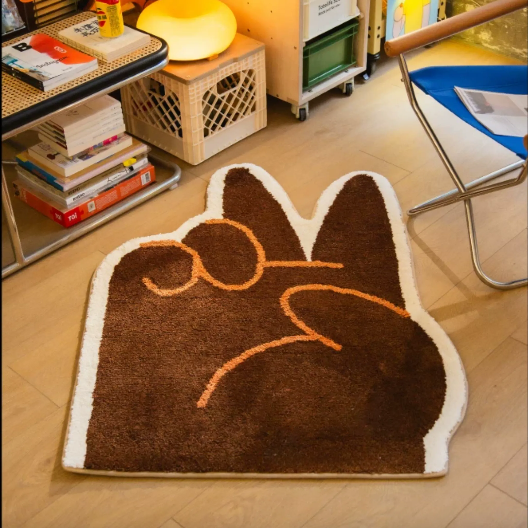 Rumi Brown Quirky Graphic Peace Sign Hand Shaped Tufted Rug