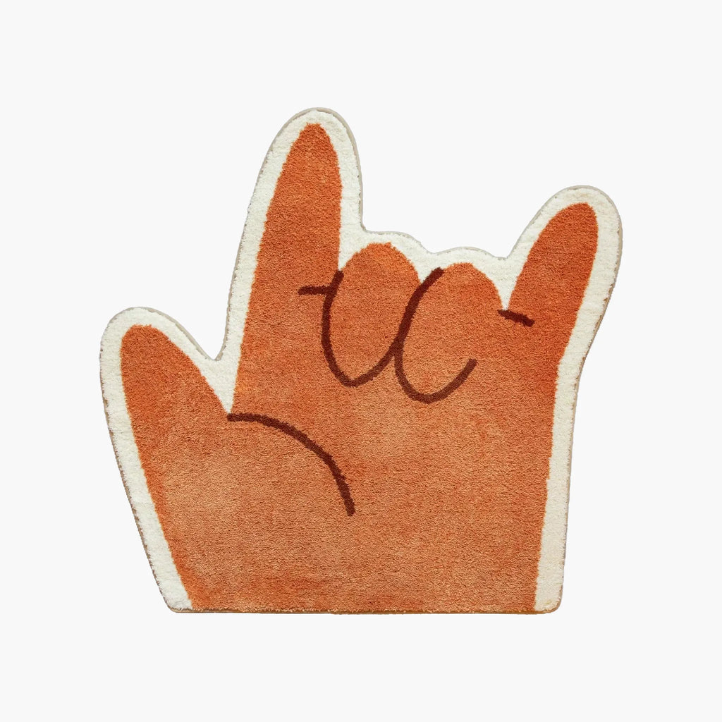 Rumi Orange Graphic Love Hand Sign Shaped Tufted Rug by Housenfriends on a white background