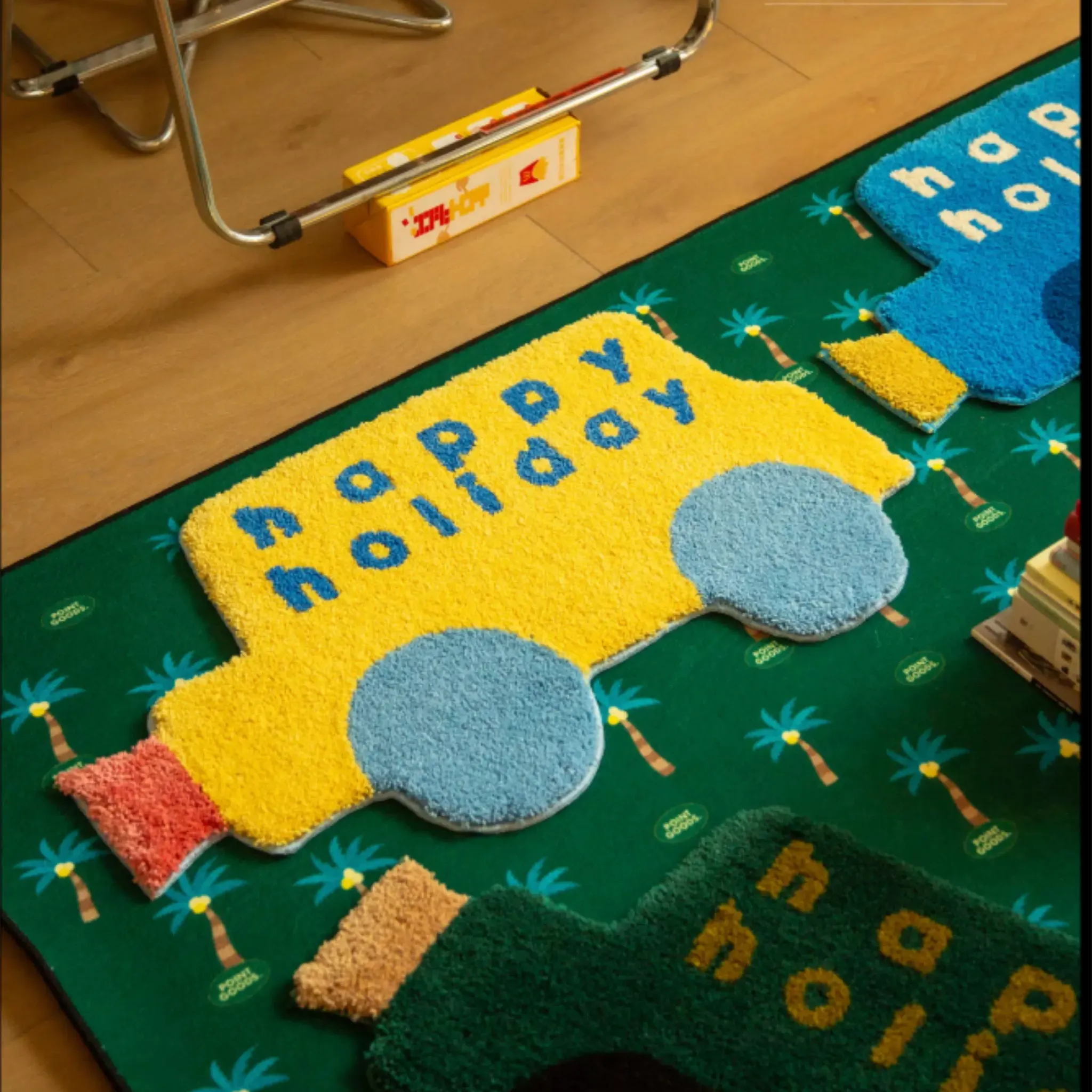 Pip Yellow & Blue Happy Holiday Graphic Car Shaped Tufted Rug