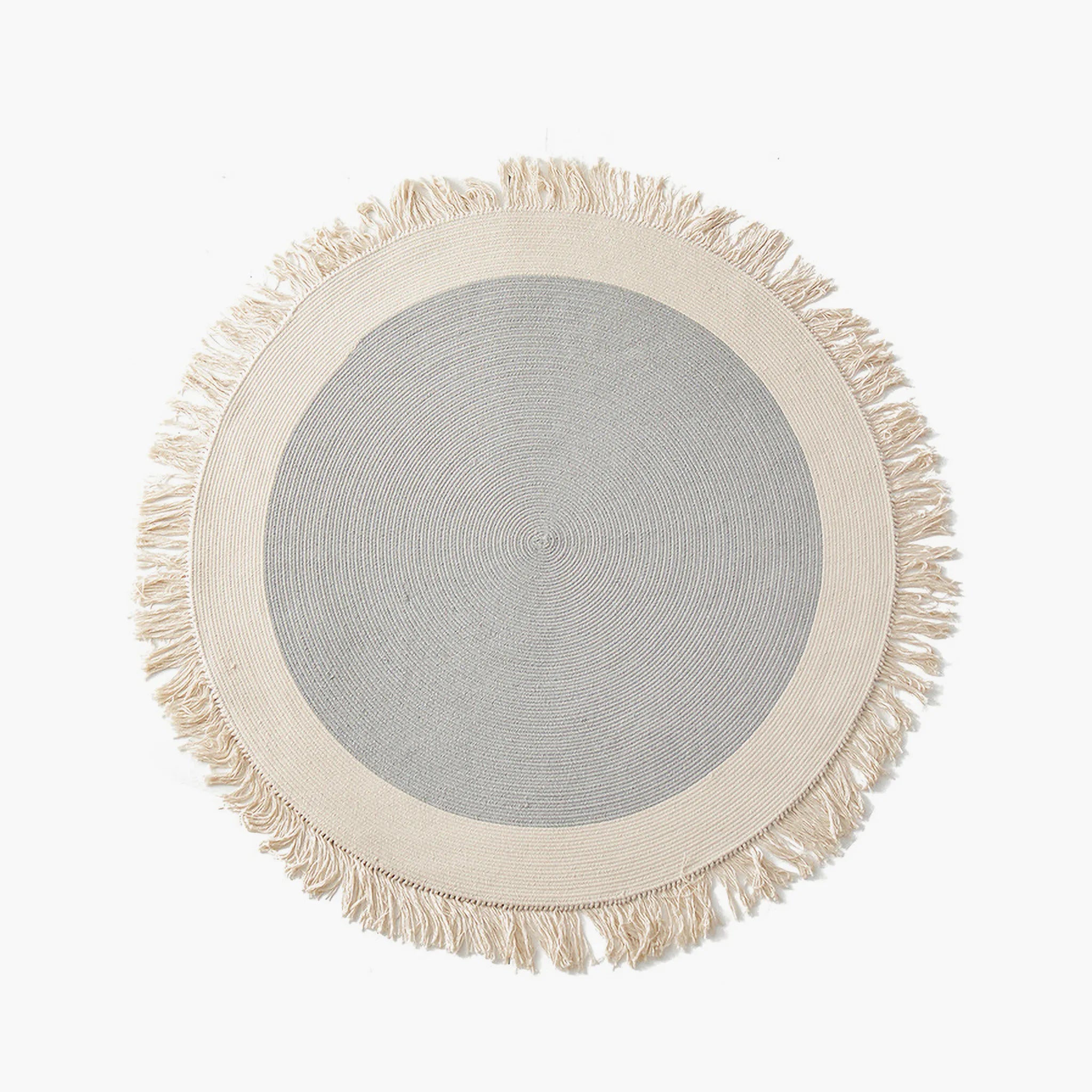 Signe grey and natural fringed round hand-braided cotton blend rug, flatlay product photo by Housenfriends