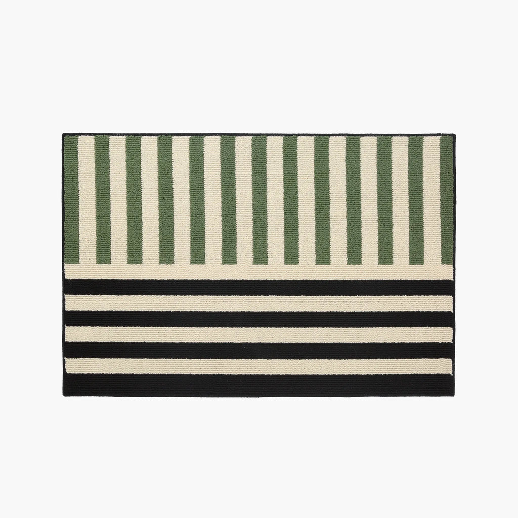 Soren Black Cream & Green Block-Stripe Textured Rug on a white background