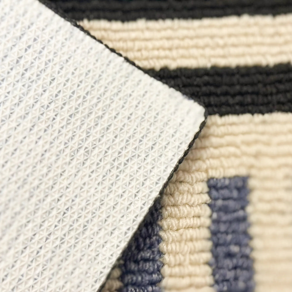 Non-slip backing close-up of the Soren Cream Black & Blue Block-Stripe Textured Rug by Housenfriends