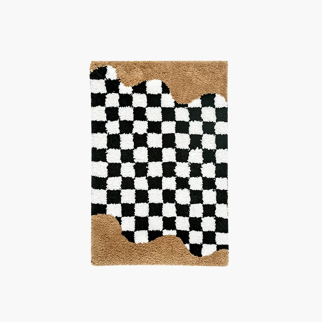 Tess Black White Retro Checkered Bronze Wavy Edge Tufted Rug by Housenfriends on a white background.